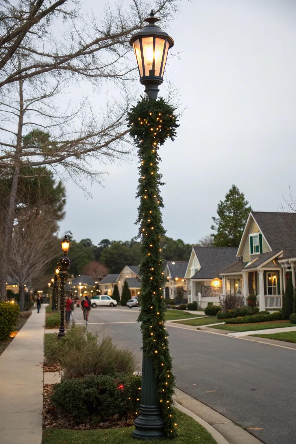 A lamp post embellished with abundant garlands and shimmering lights.