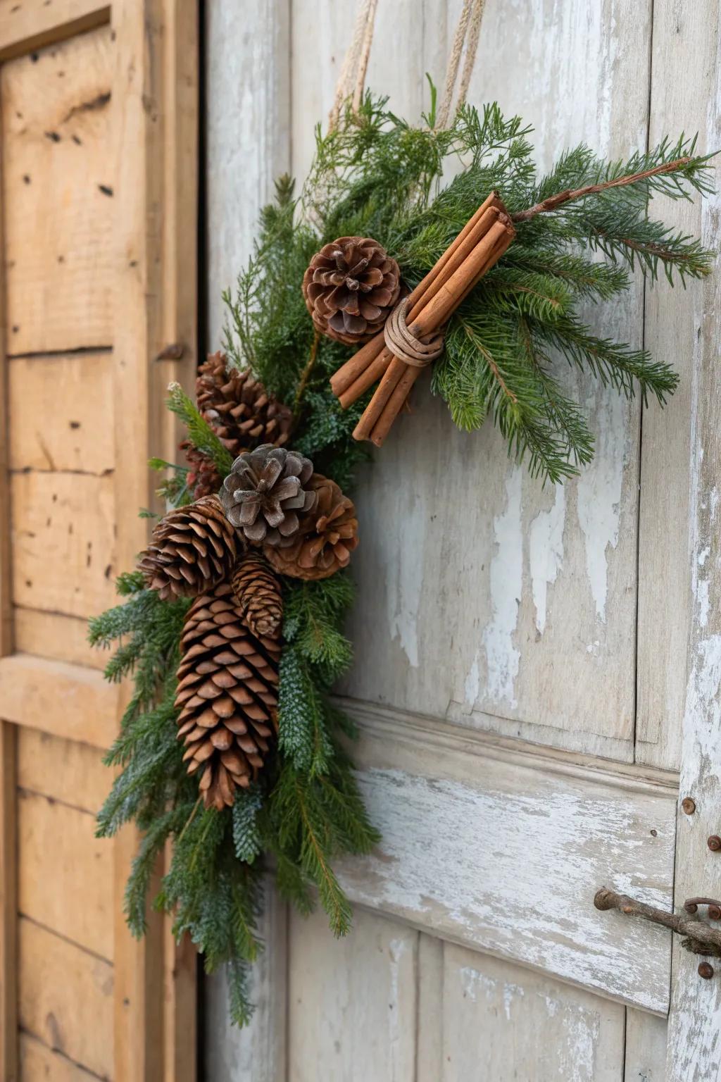 Earthy allure with pine cones and cinnamon sticks.