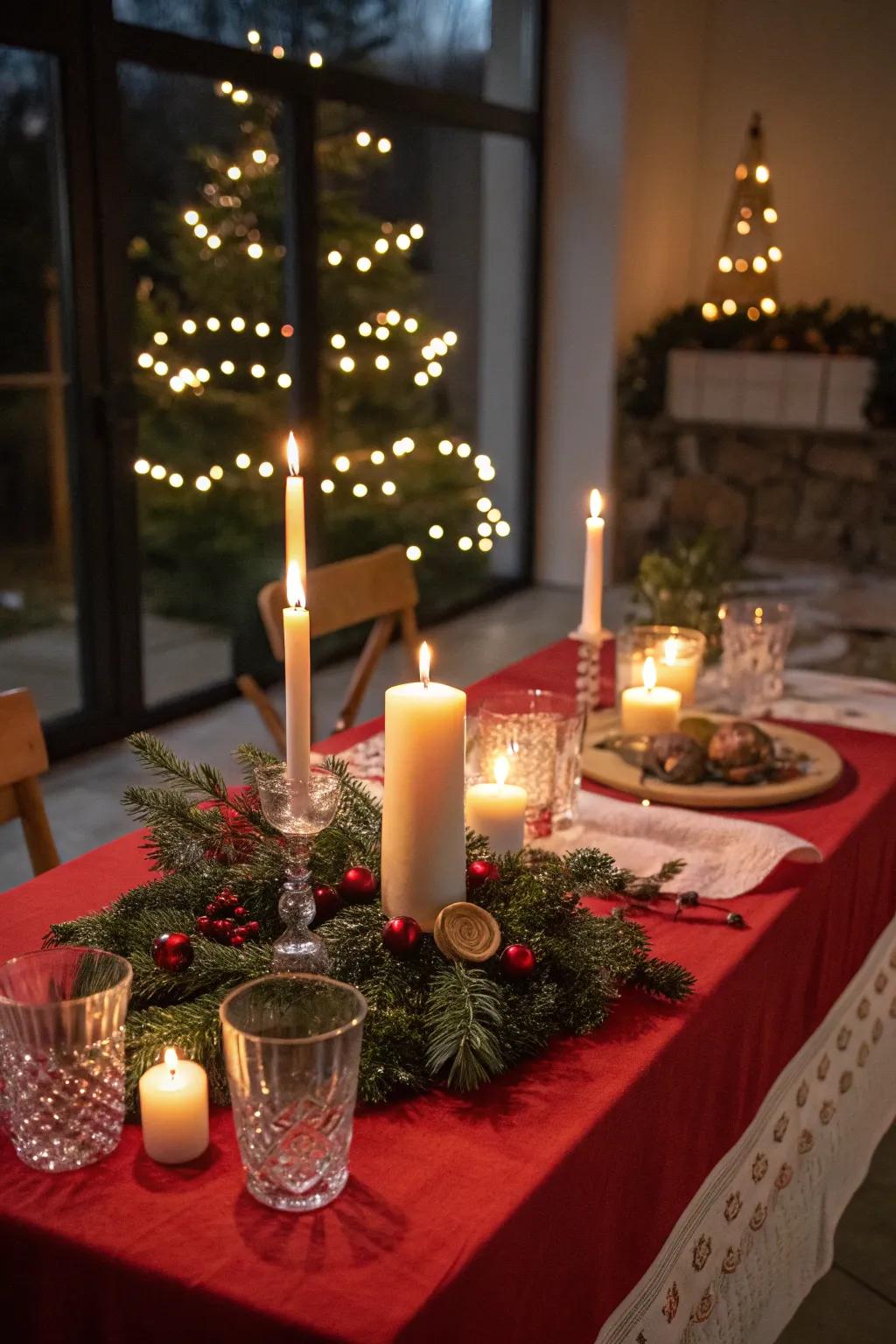 Illuminating lights of varied heights contribute cordiality to the celebratory table.