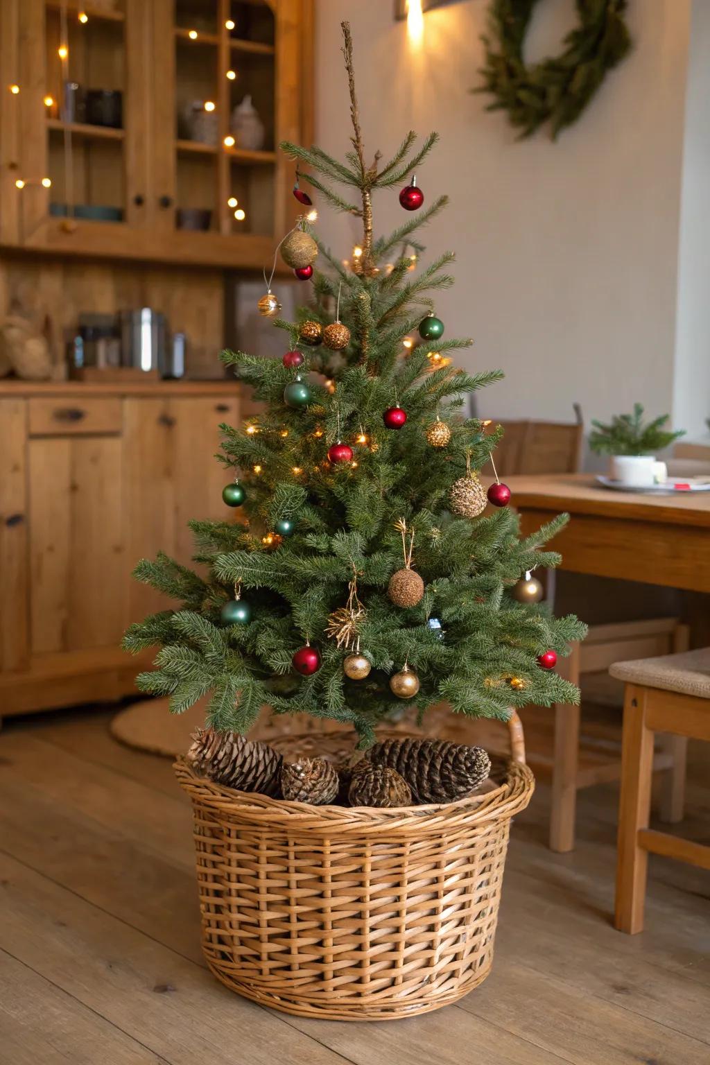 A woven basket adds rustic charm to your tree.