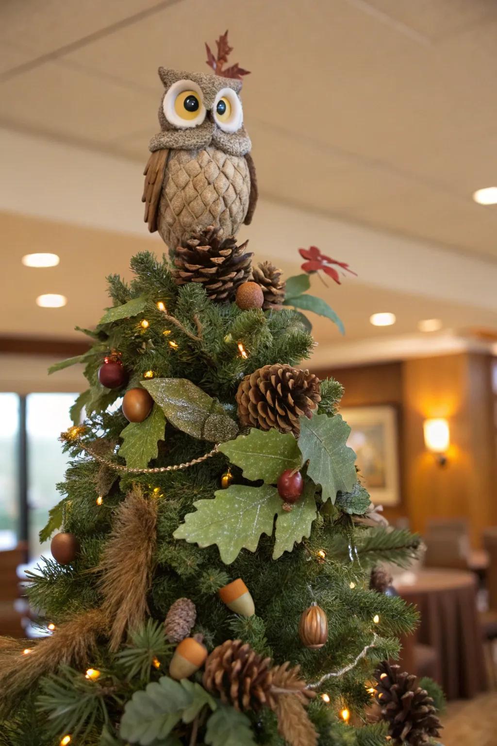 A quirky owl crown bestows charm and playfulness upon this tree.