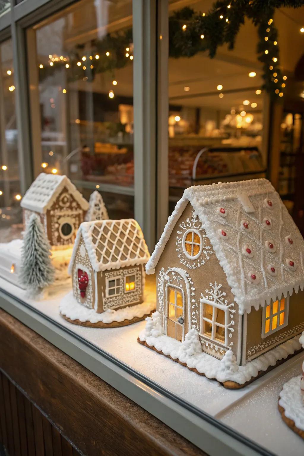 Charming spice cookie houses craft a sweet and welcoming window display.