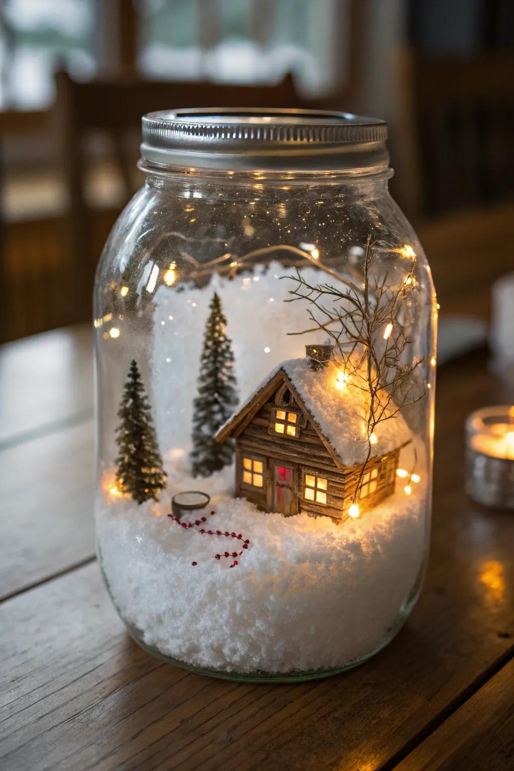 An inviting and cozy cabin environment enclosed within a glass jar.