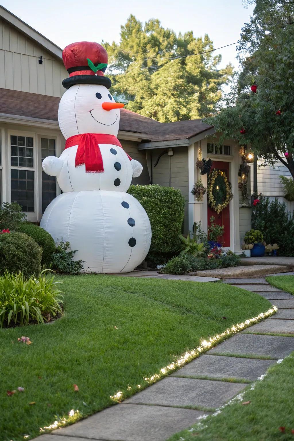 A jolly inflatable snowman standing in a residential front yard.