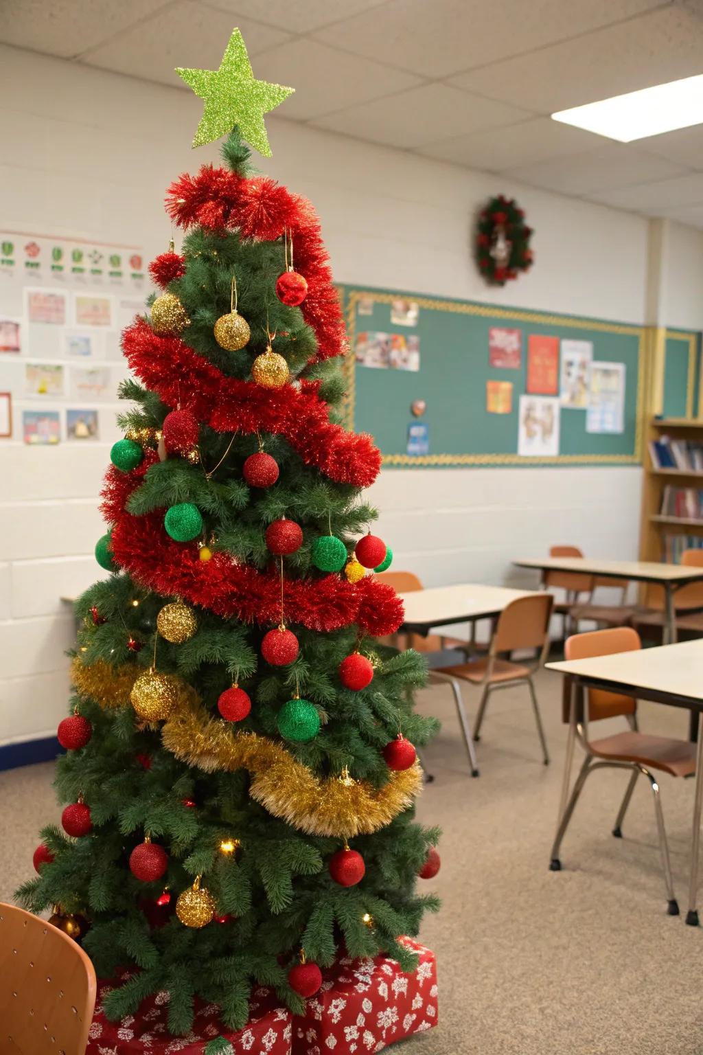 A vivid fluffy-ball ornamented holiday tree