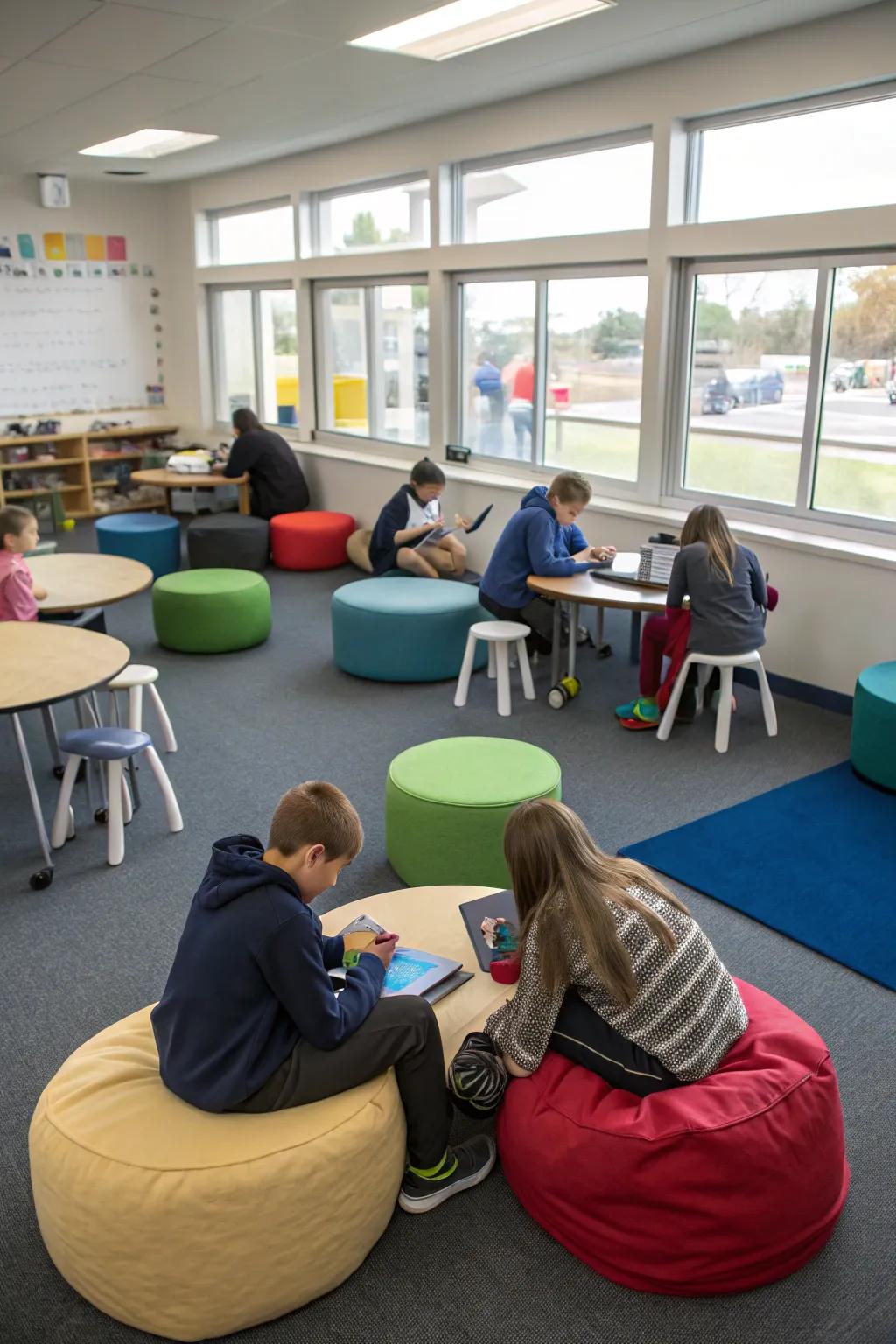 Flexible seating enhances comfort and teamwork.