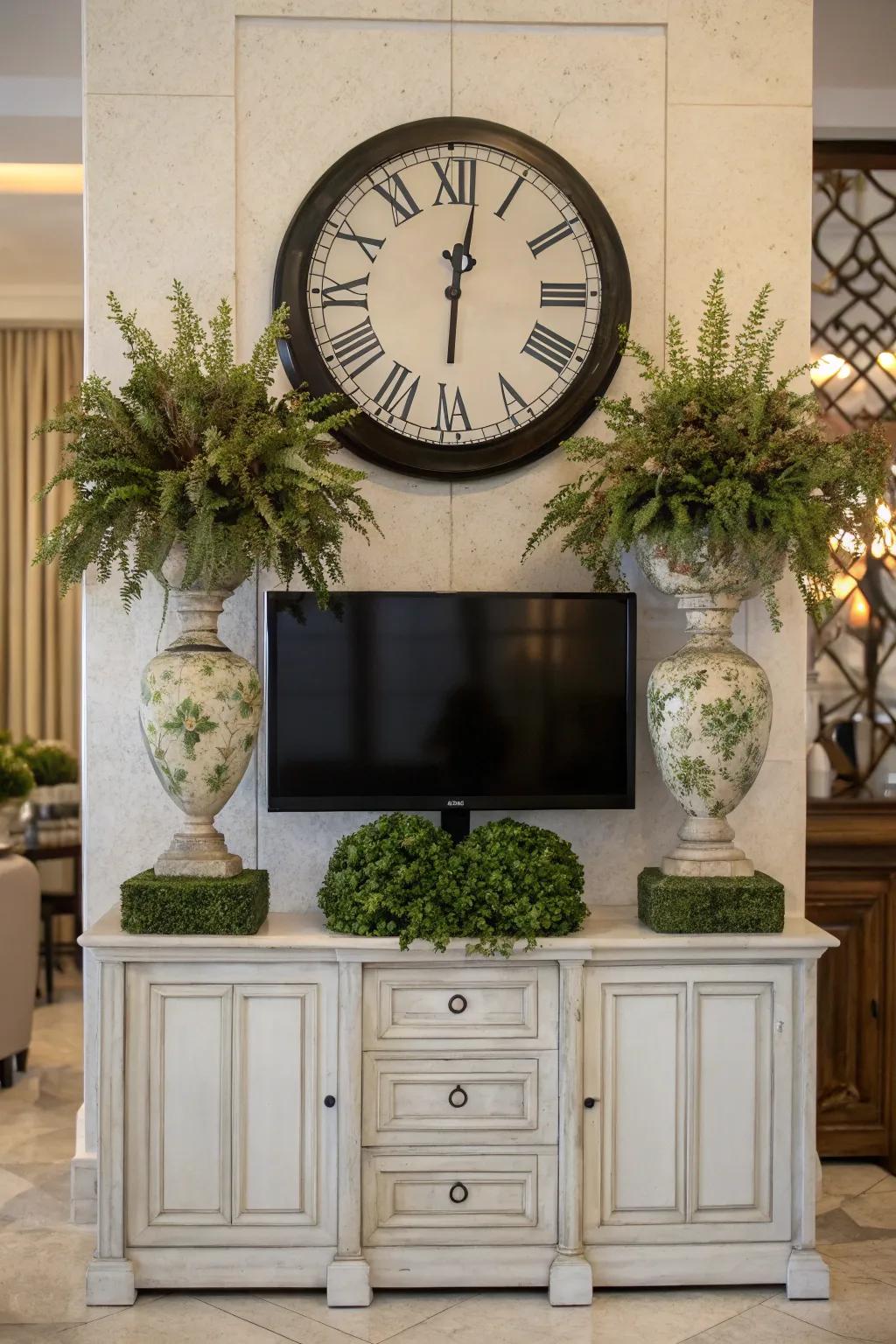 Symmetrical embellishments featuring a clock and paired vases above a television arrangement.