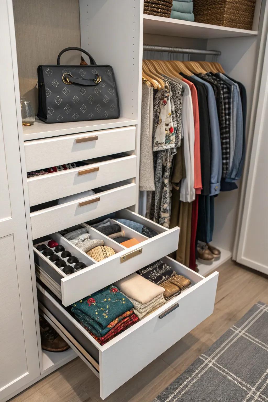 Drawer units ensure that smaller items are neatly organized and concealed.