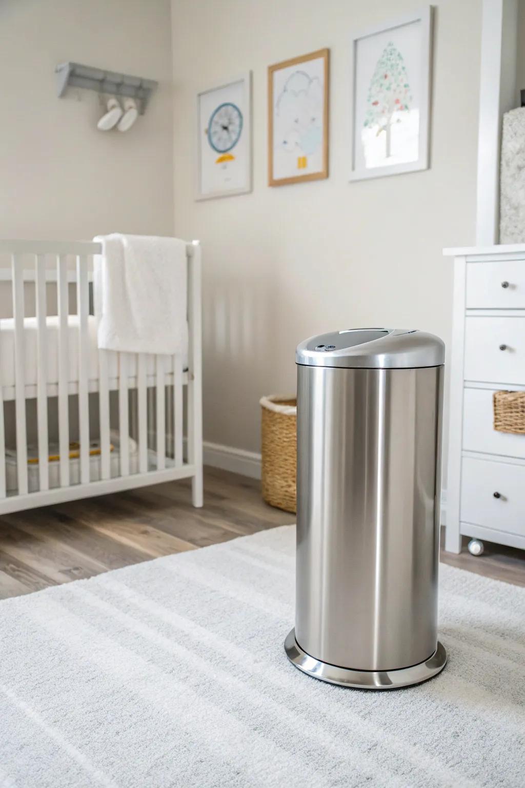 A stainless steel diaper receptacle introduces a dash of contemporary elegance to a minimalist nursery.