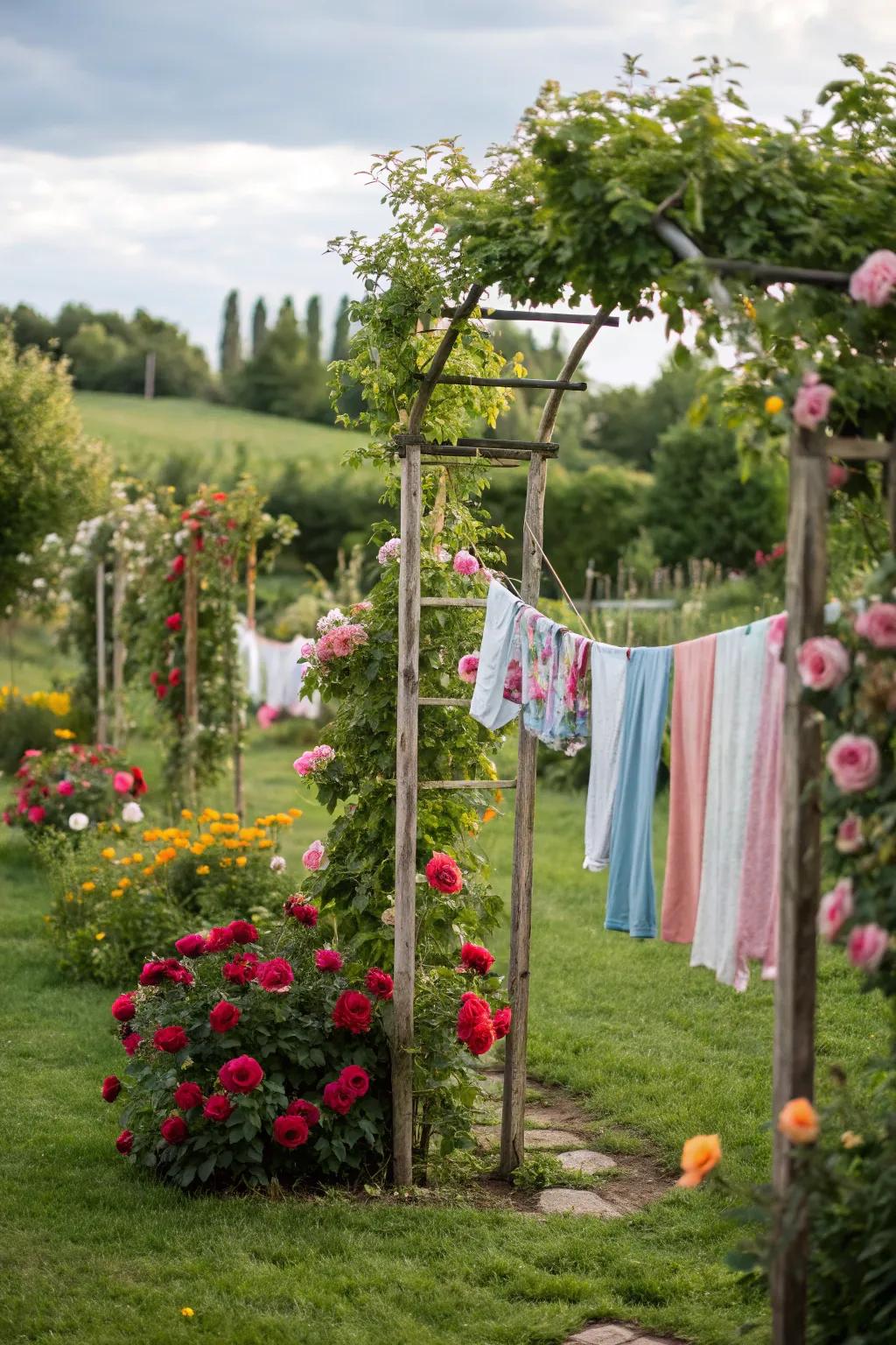 A garden clothesline infuses a botanical essence into laundry tasks.