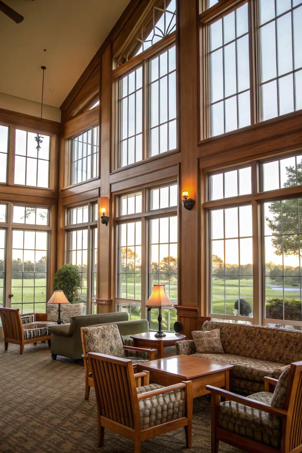 Clubhouse showcasing expansive windows maximizing natural illumination.