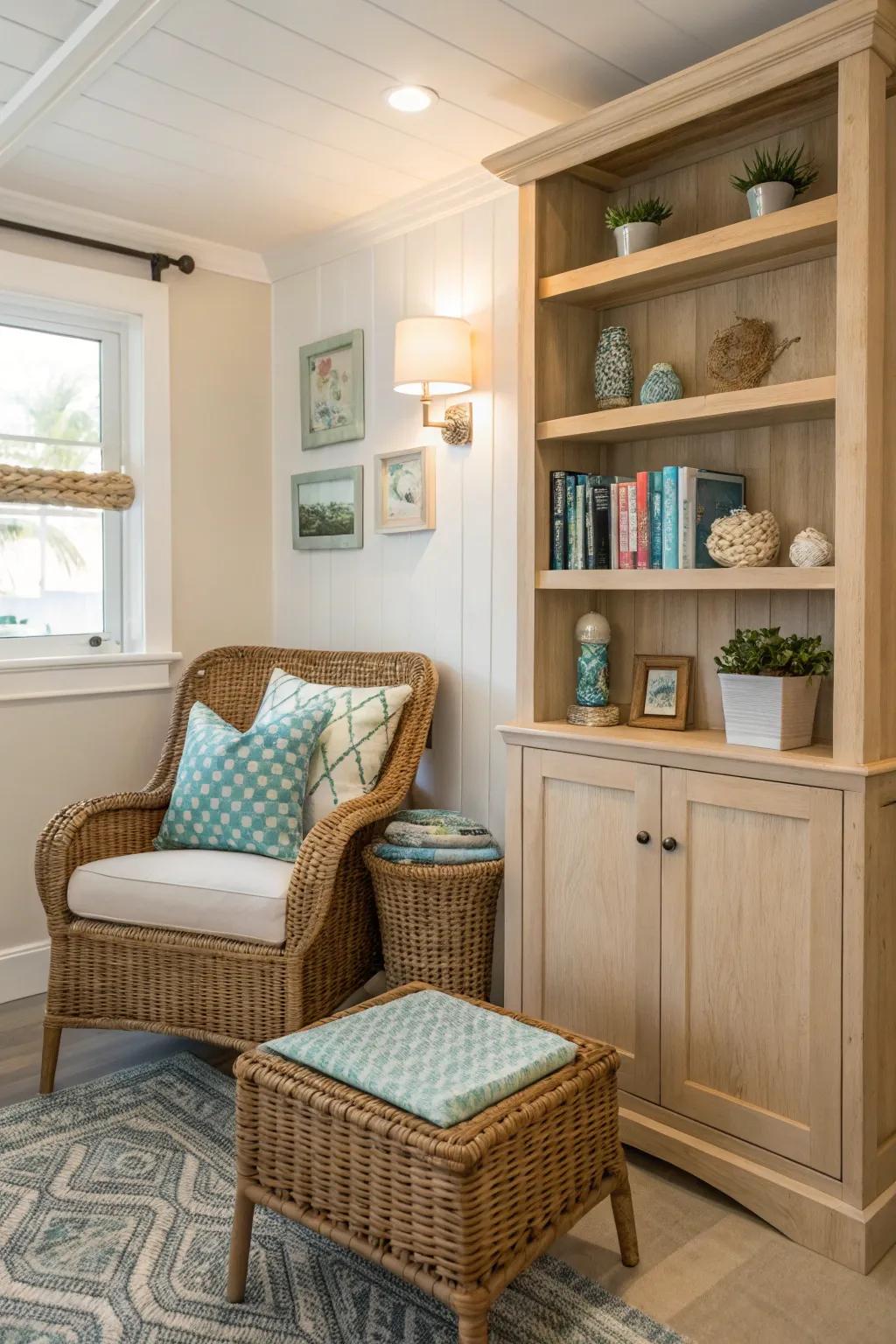 A snug nook featuring unaltered elements like wicker and timber.