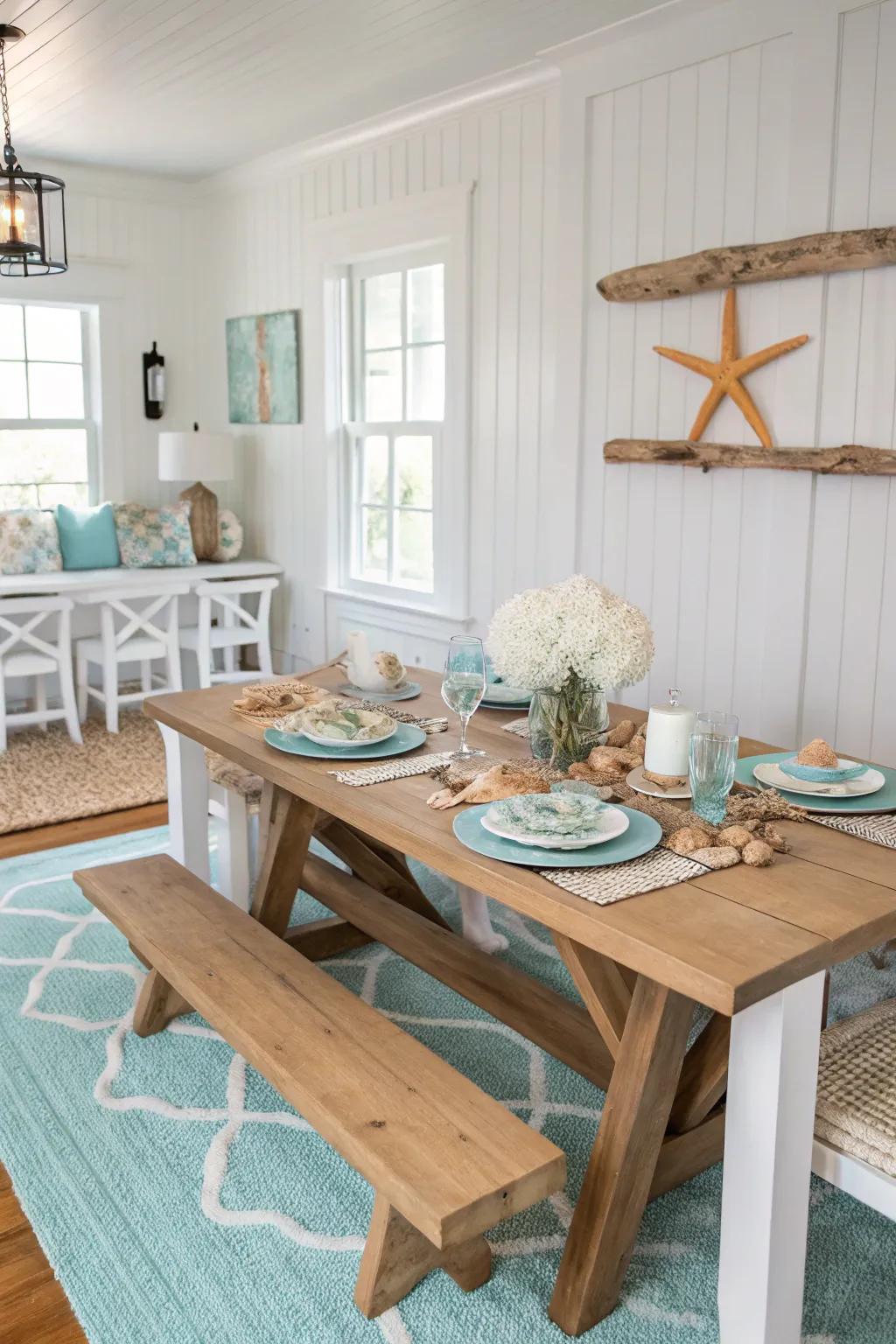 A subdued array of whites and blues conjures the serenity of the coastline.