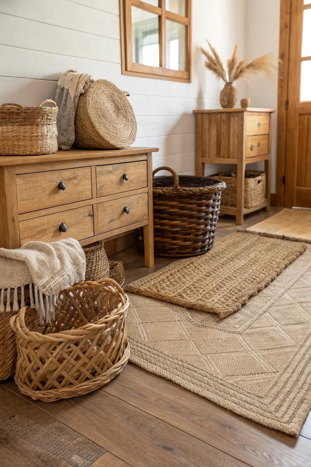 Natural components imbue warmth and texture into coastal farmhouse interiors.