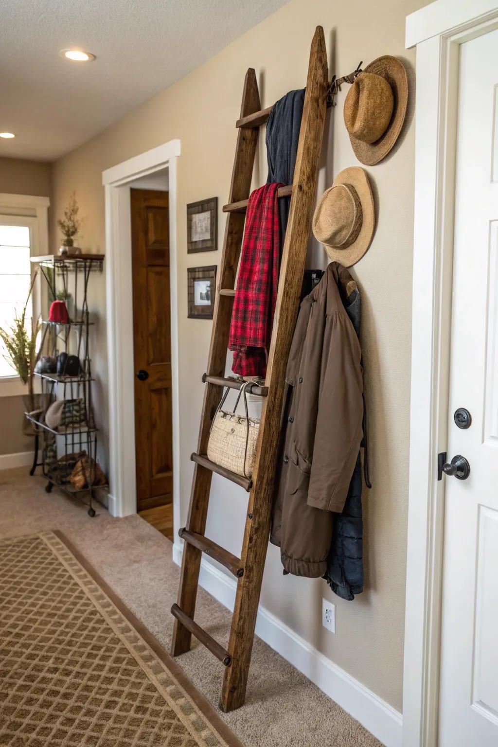 A repurposed timber step-ladder functioning as an unconventional coat rack within a cozy passageway.