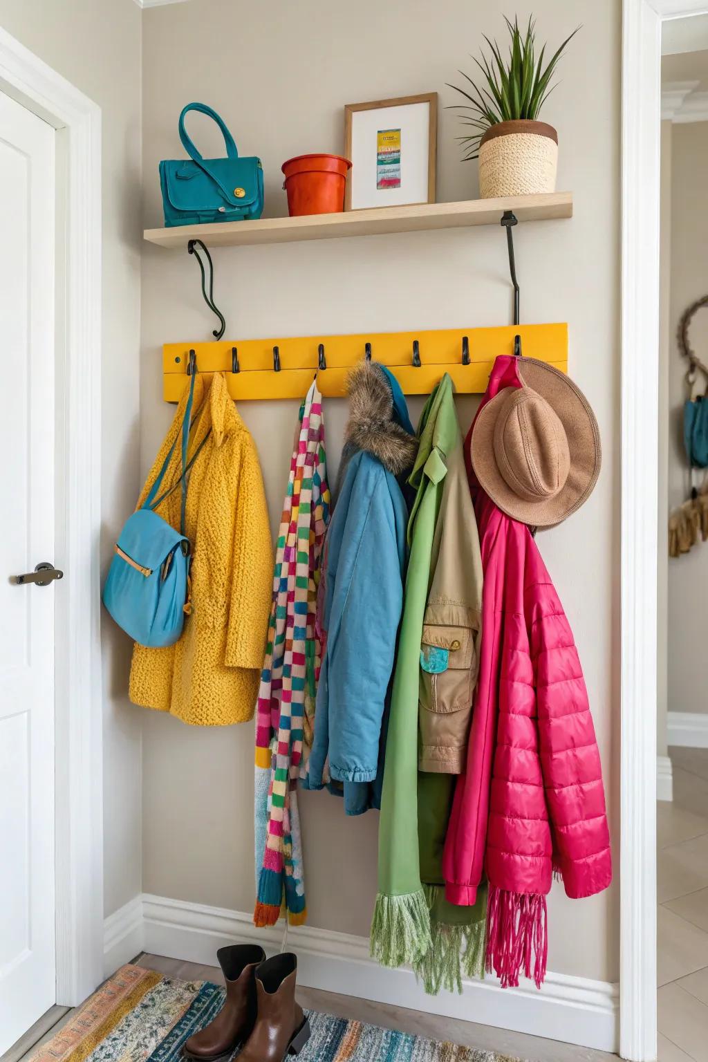 A vibrant coat rack that imparts a playful element to a muted entryway.