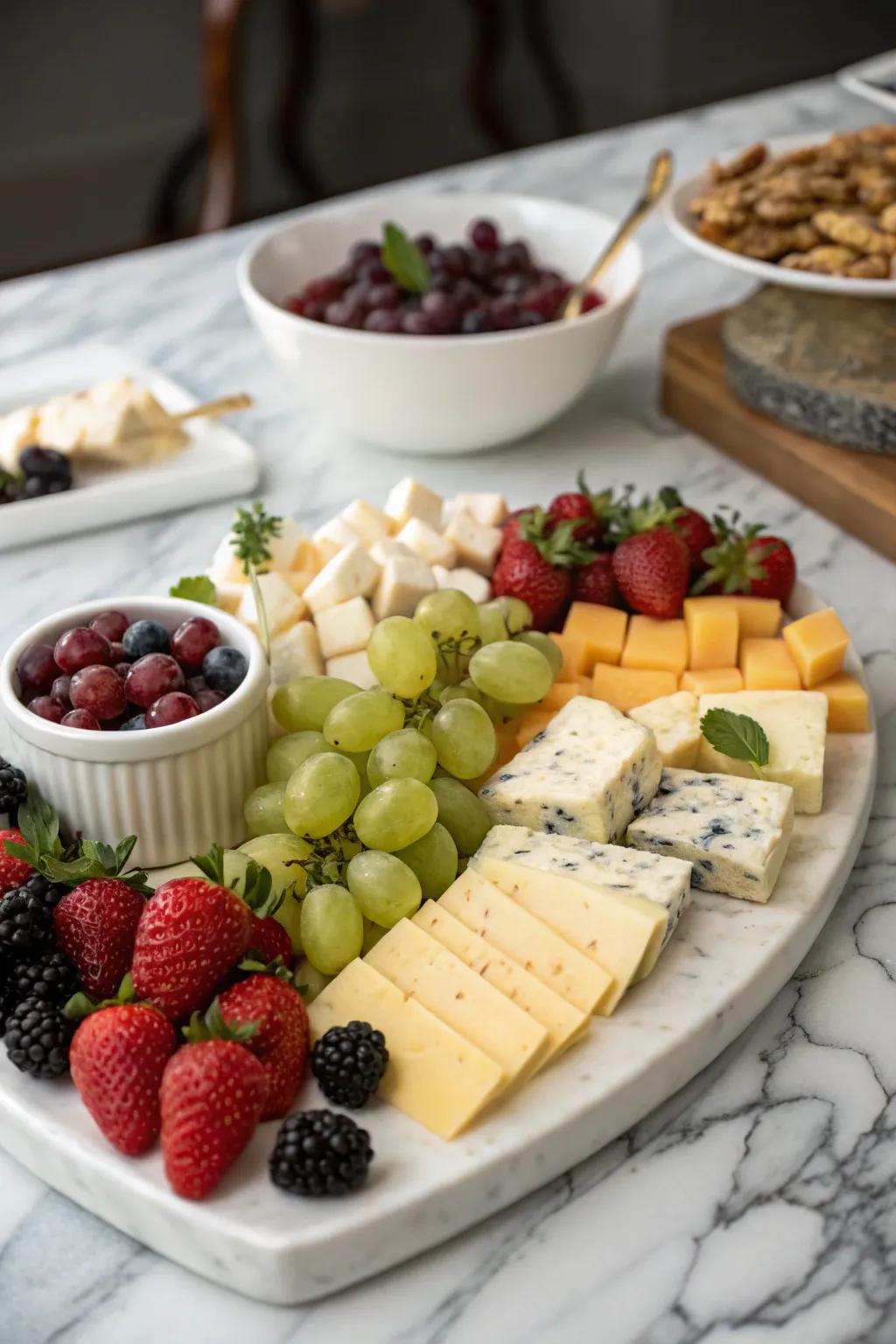 An elegantly arranged cheese and fruit display to elevate your coffee moment.