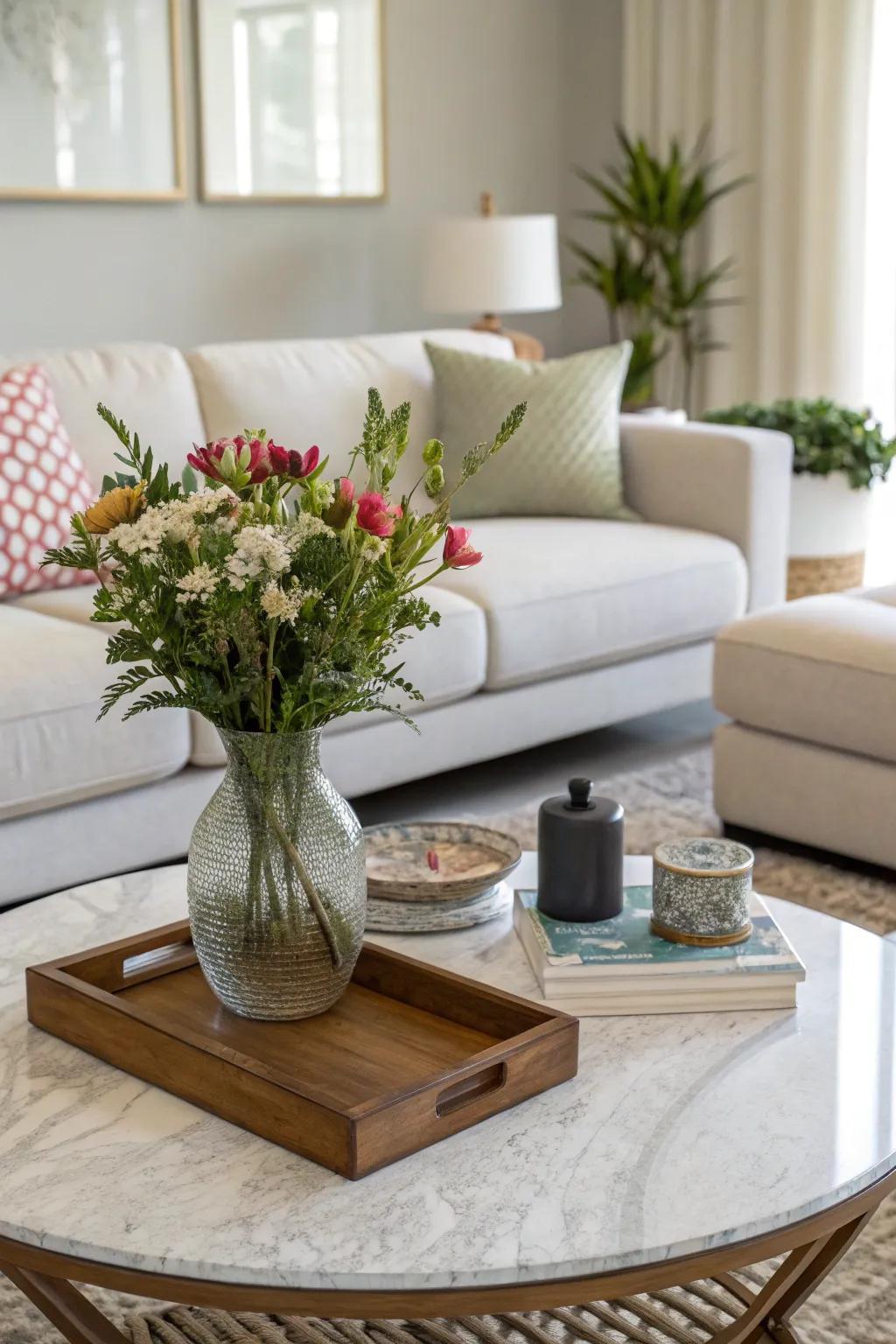 Your coffee table decor will have a revitalizing and energizing touch with greenery.