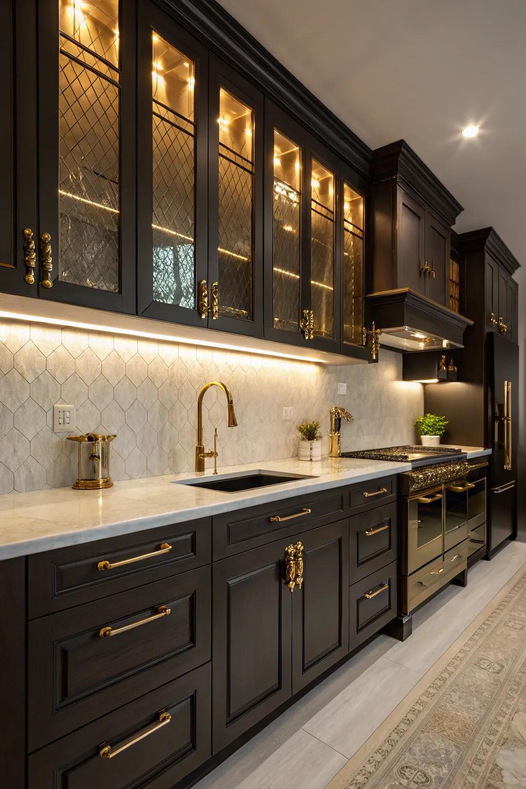 Dark cabinets complemented by gold accents bring a sense of luxury to the kitchen.