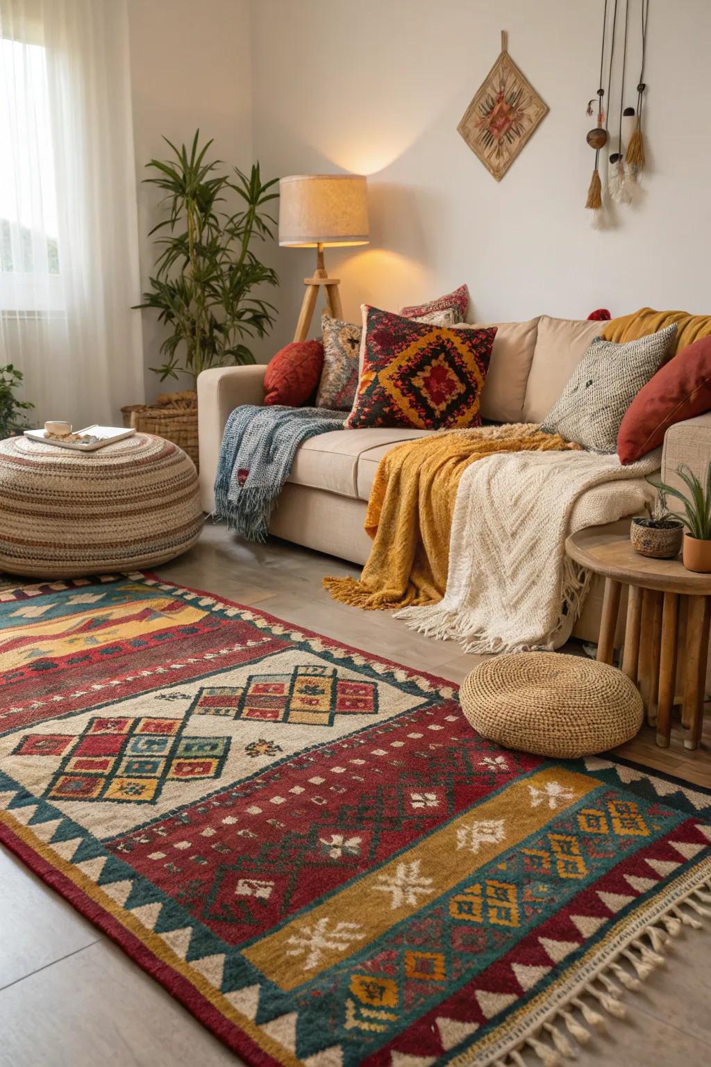Layered materials fashion a snug and appealing ambiance featuring a colorful tribal rug.