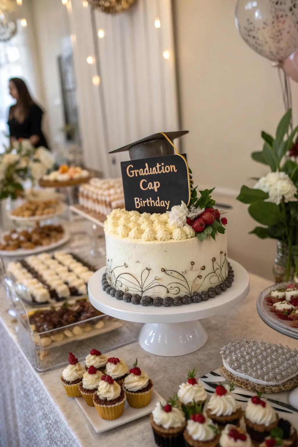 A beautifully designed cake celebrating both graduation and birthday.
