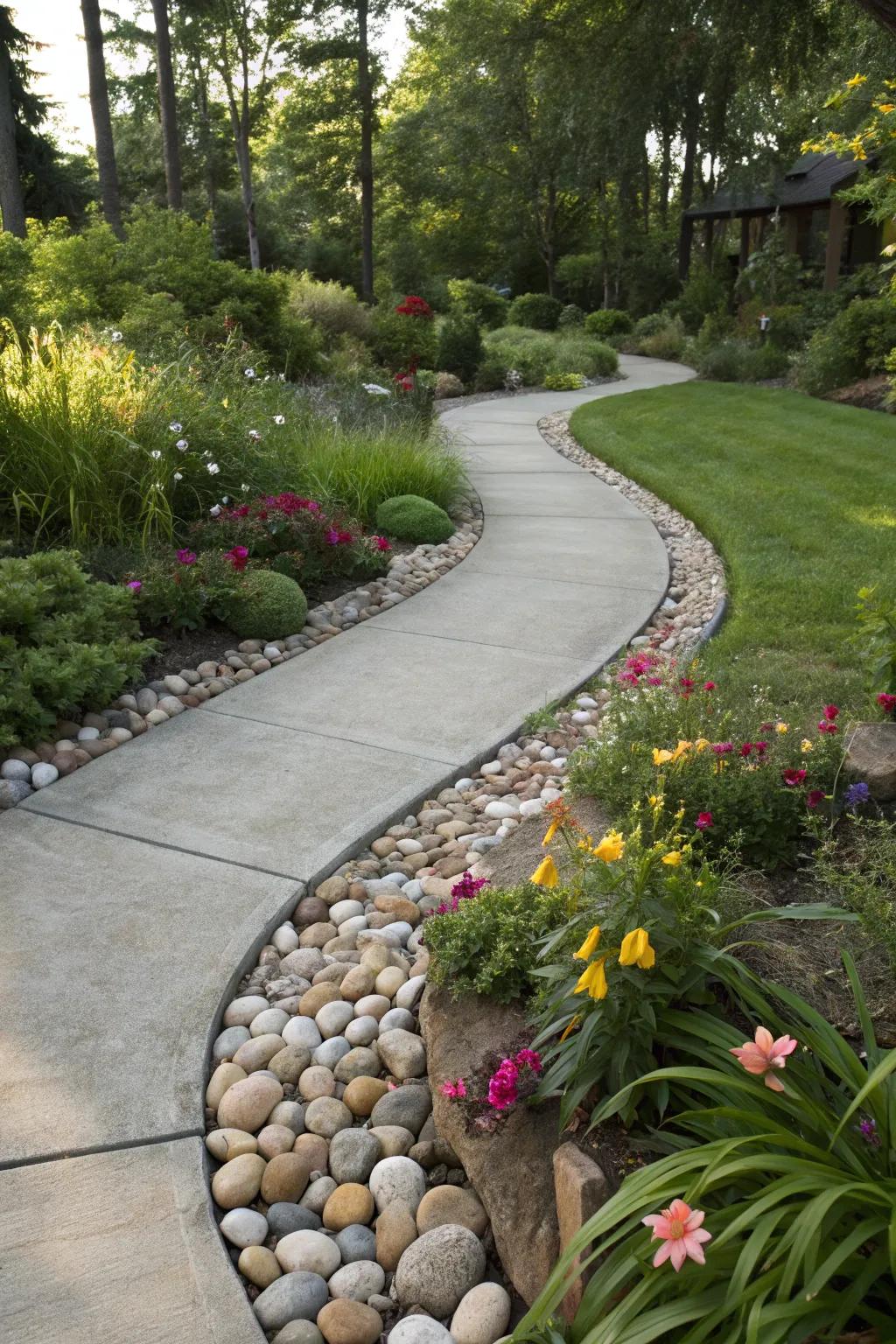 Concrete and stone edging for walkways, exuding sophistication.