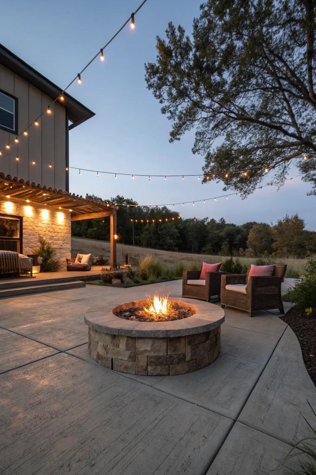 The incorporation of a hearth center gives heat and presence to your concrete patio.