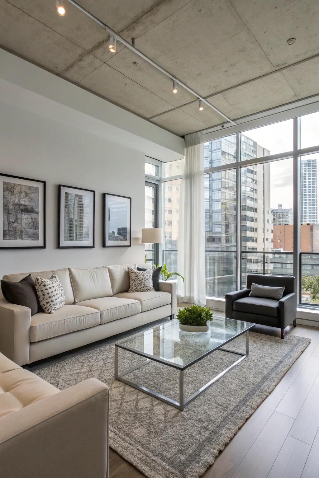 A modern condo living room showcases refined furniture and minimalistic decor.