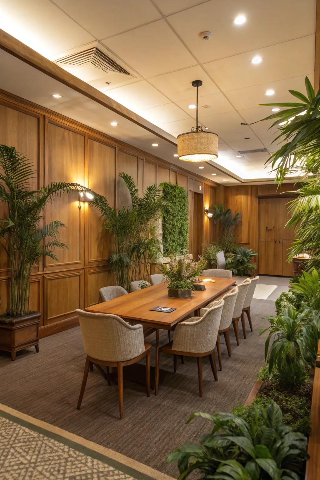Natural accents cultivate a soothing ambiance in a conference room.