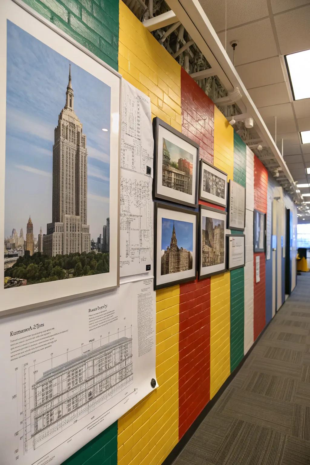 An office partition displaying construction-themed artwork and architectural strategies.