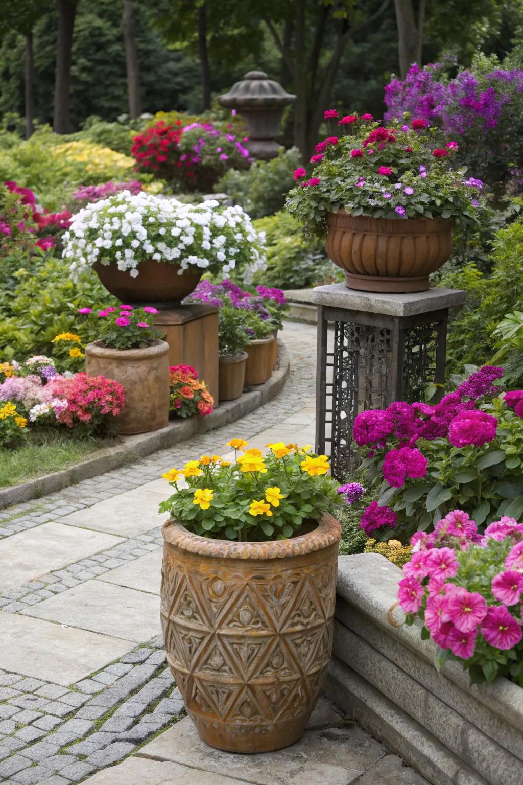 Varied mix of plant pot designs in a garden.