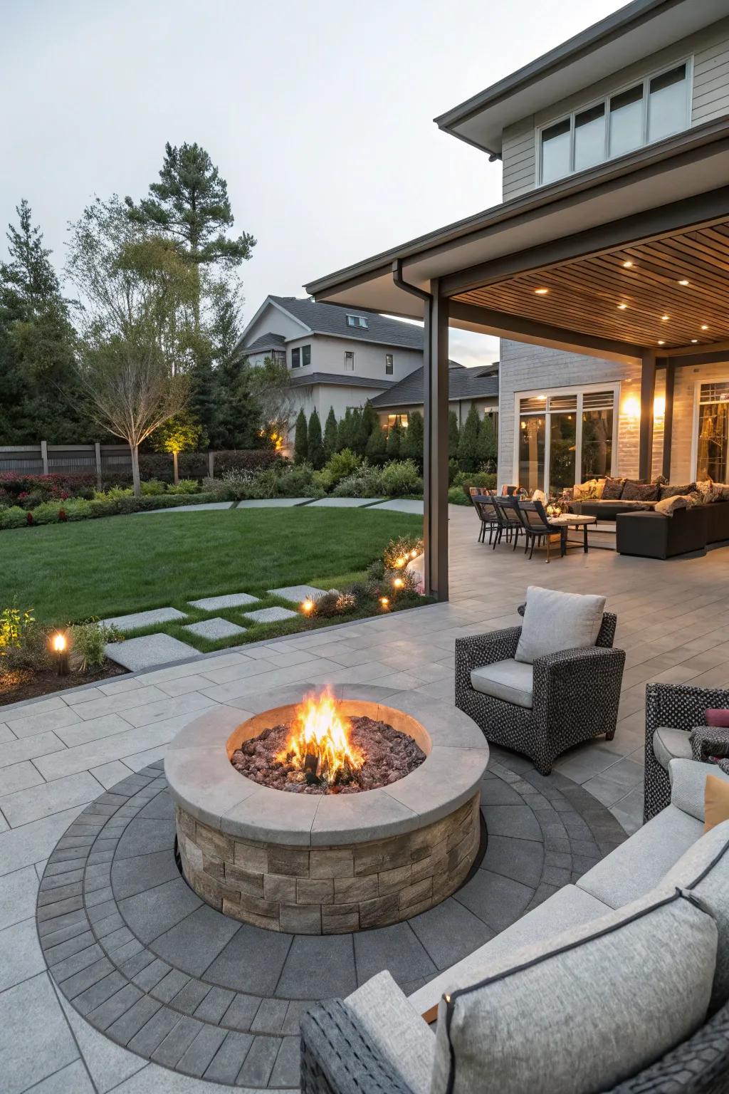 An inviting fire pit at the heart of a contemporary patio.