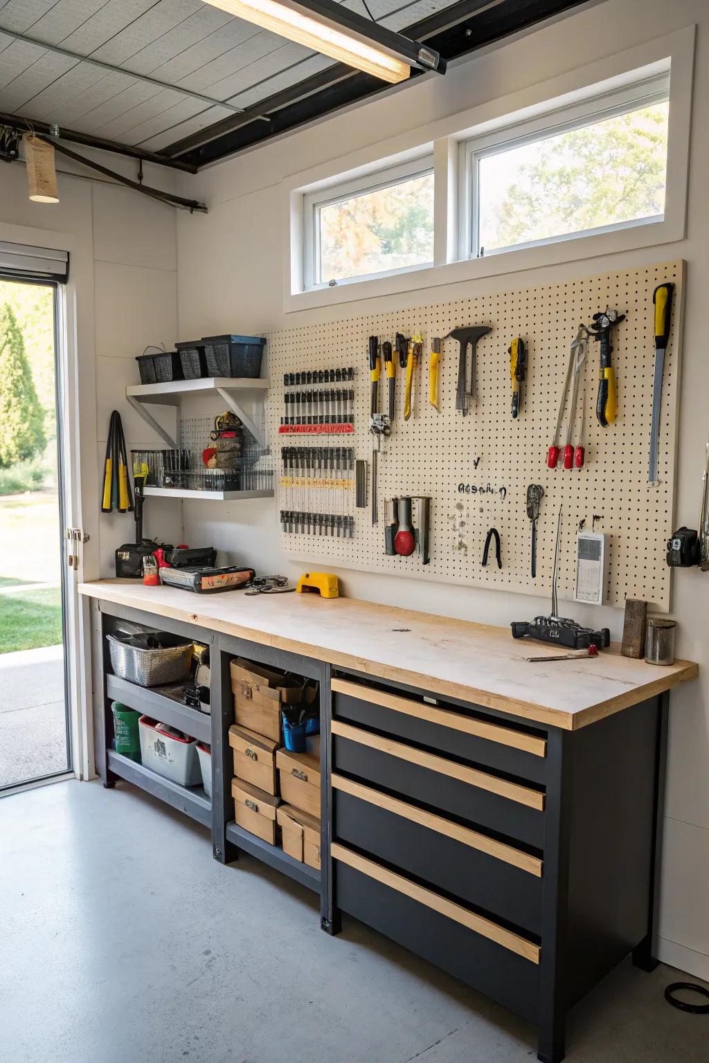 A resourceful work area in the garage complete with a workbench and organized tool storage.