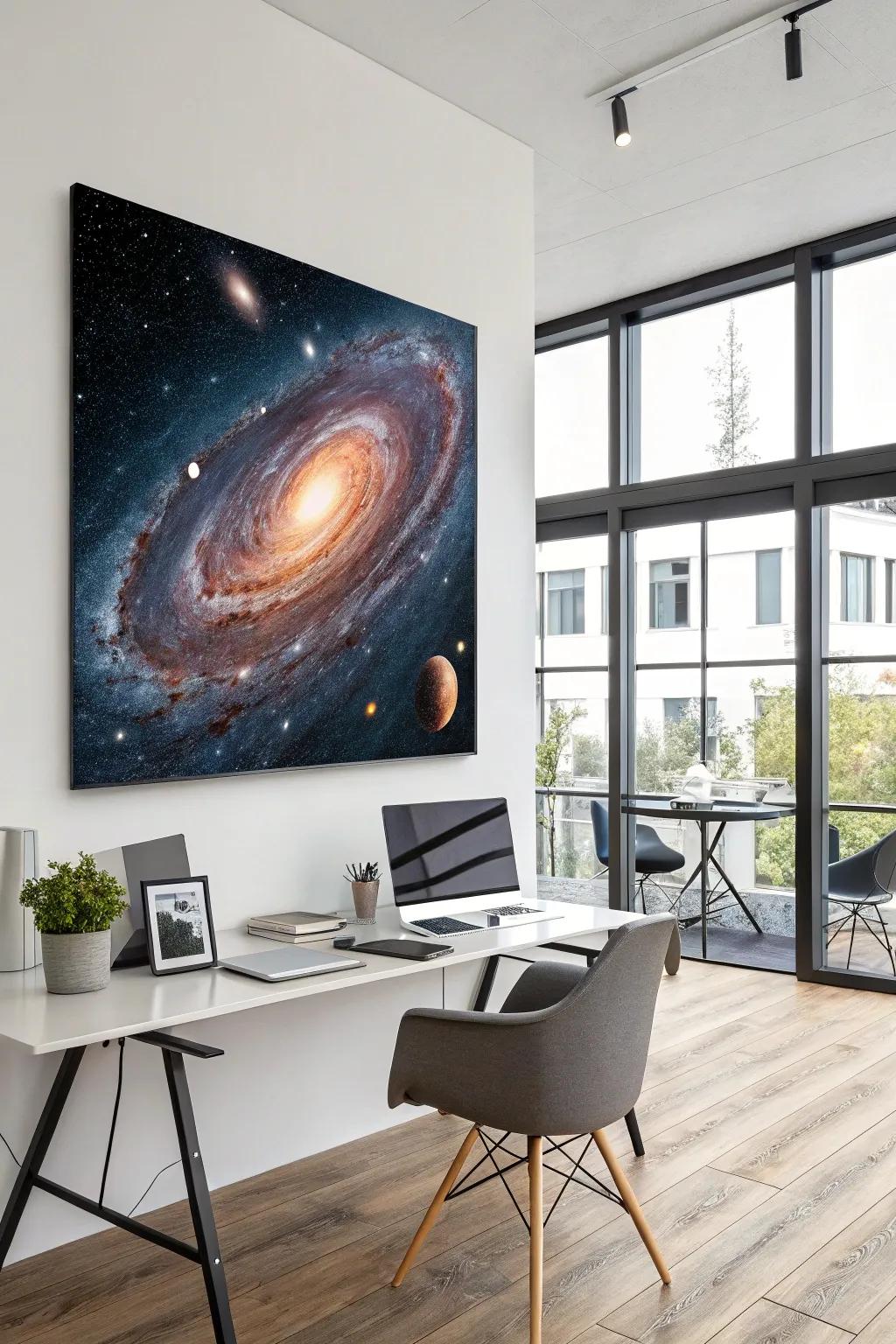 A galactic-themed artwork metamorphoses your area into a cosmic spectacle.