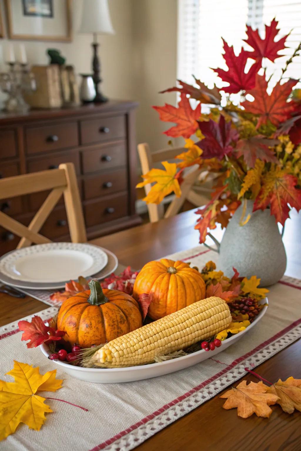A vibrant fall centerpiece with maize and pumpkins.