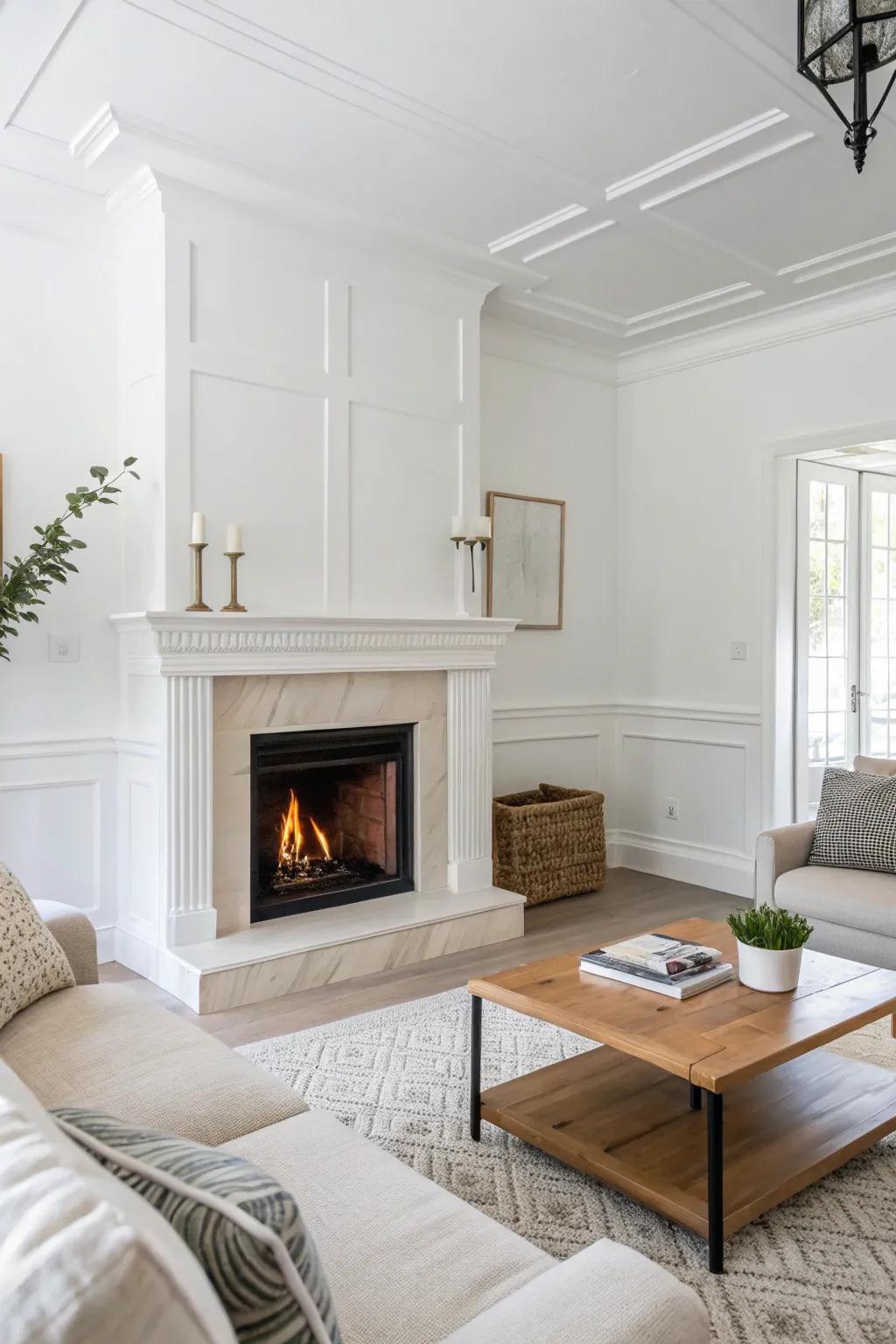 A minimalist white corner fireplace gracing a modern living space.