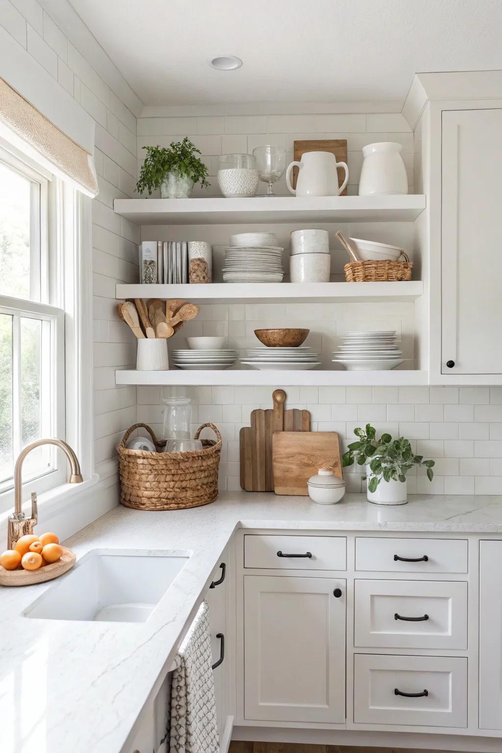 White ledges deliver a revitalizing and welcoming kitchen setting.