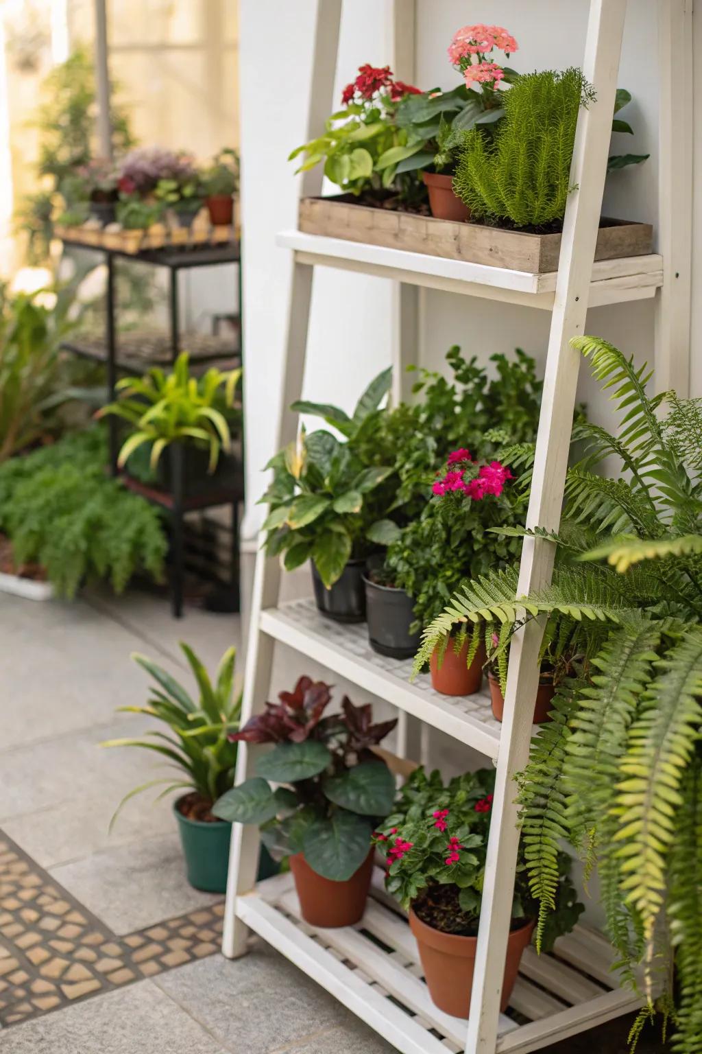 A corner shelf brimming with potted greenery.