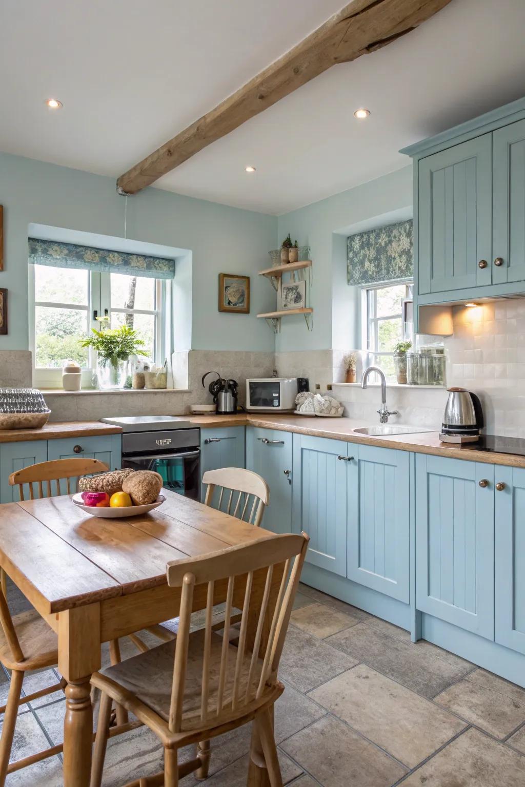 Pale blue cabinetry imparts a gentle, welcoming atmosphere to the kitchen.