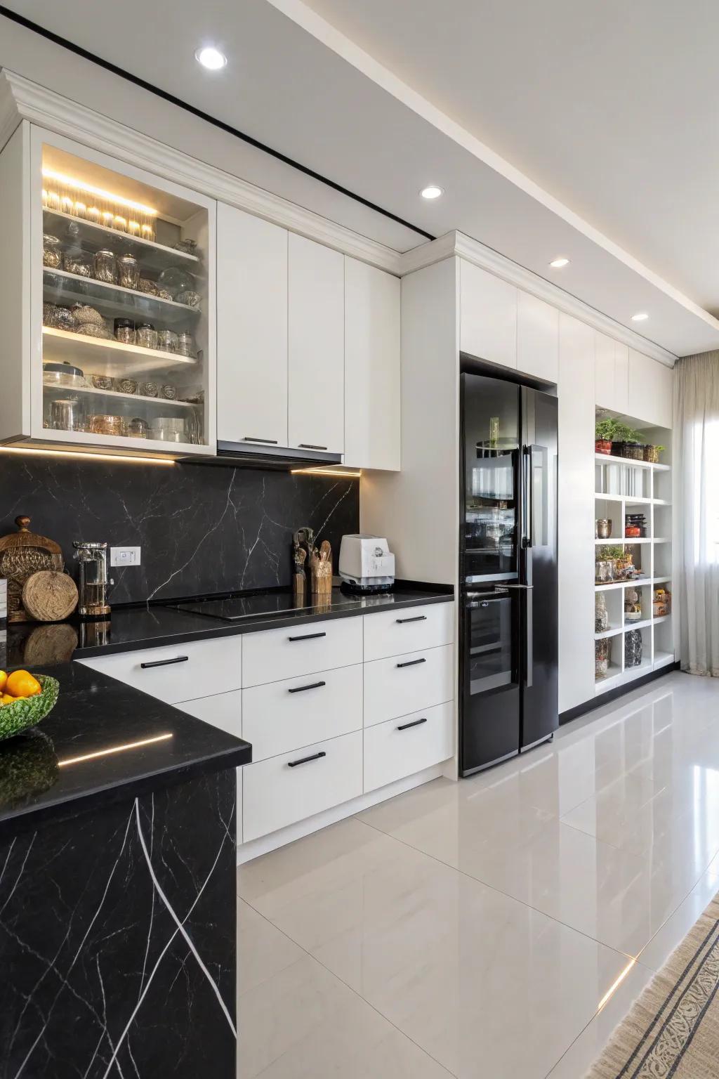 Impressive black countertops enhanced with contrasting white end treatments, creating a captivating impression.