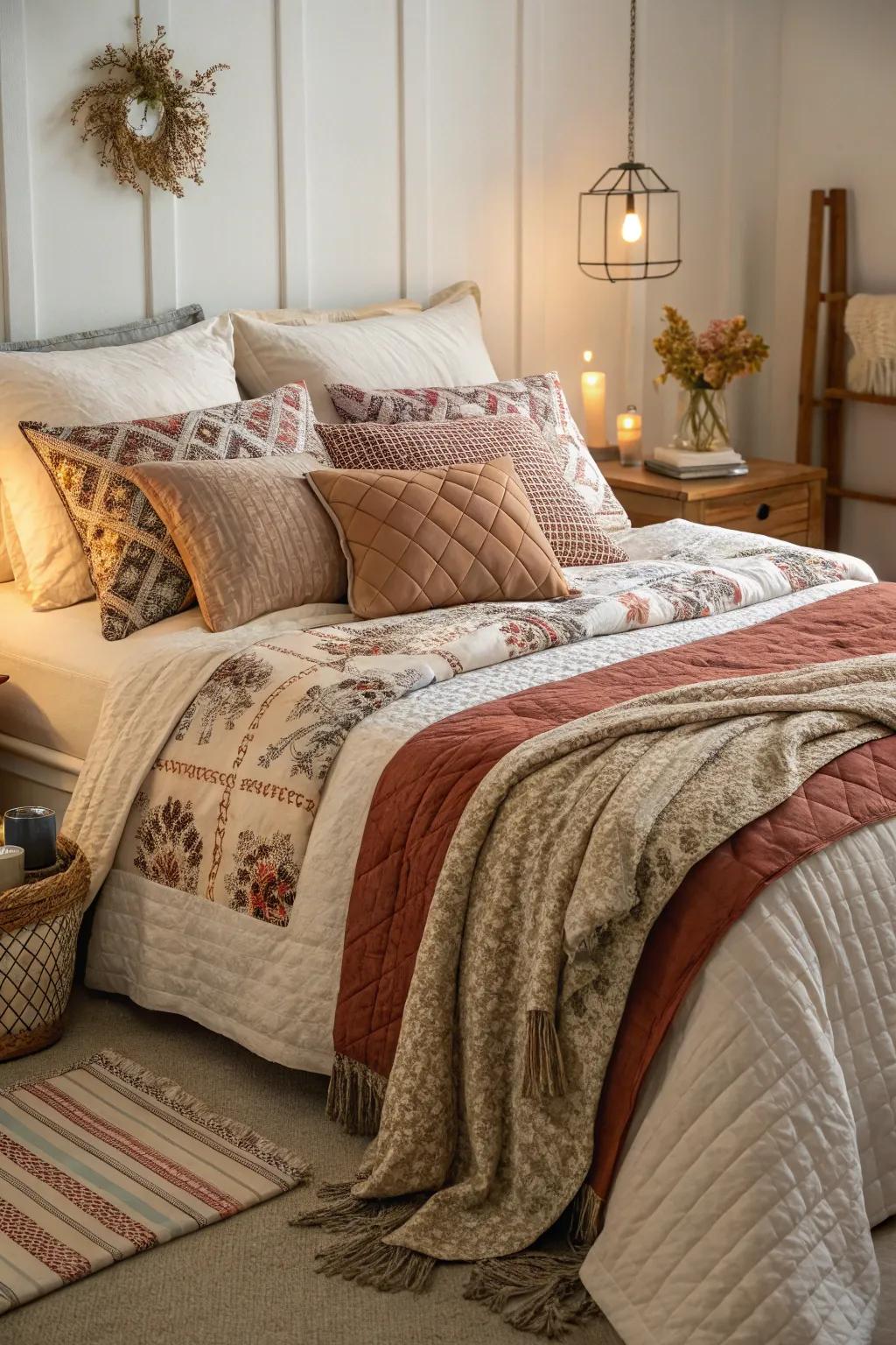 A bed beautifully layered with quilts and cushions for a cozy look.