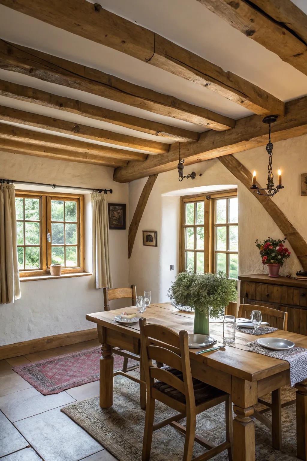 An unrefined dining space showcasing natural timber supports and furnishings.