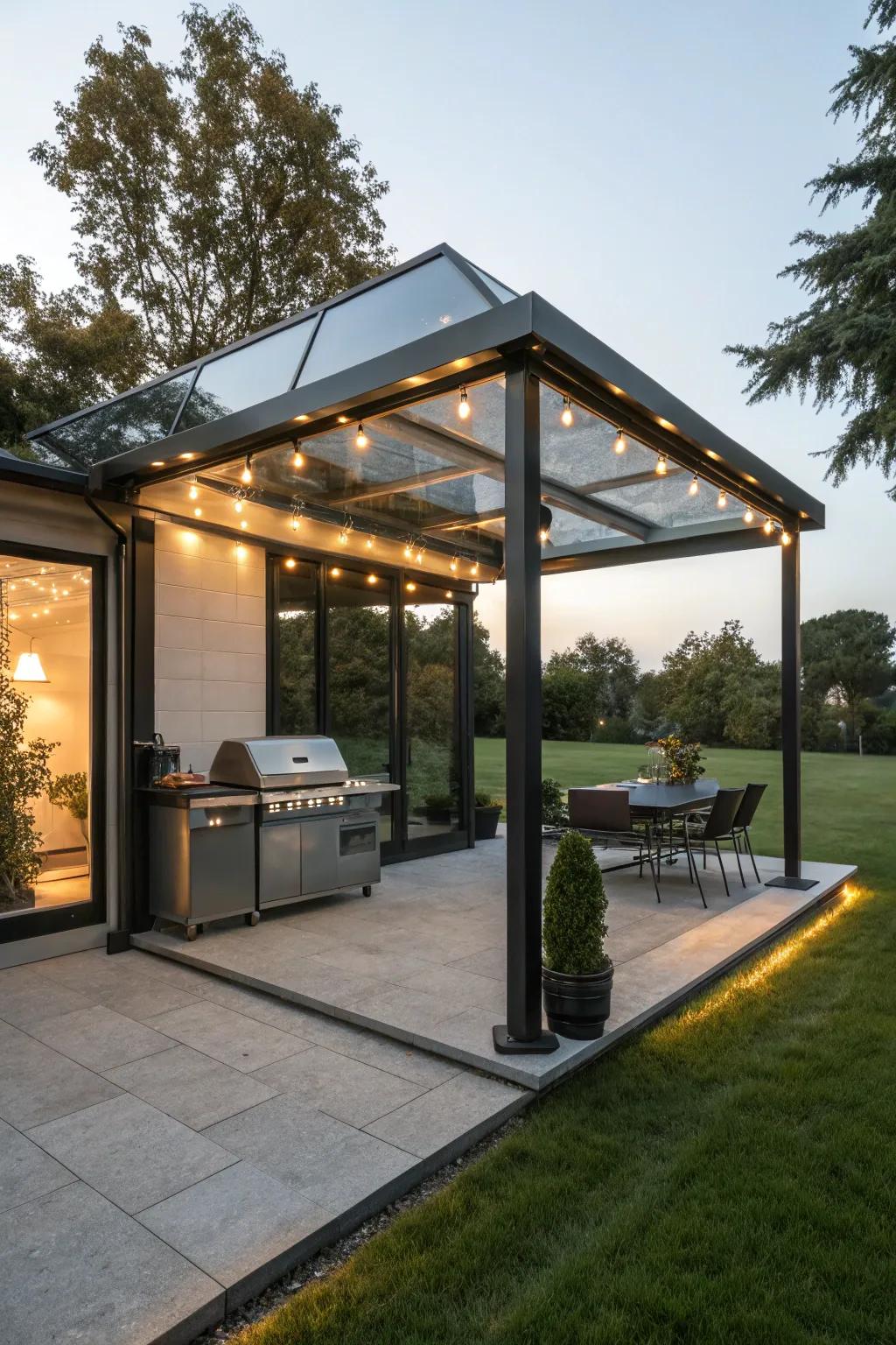 A modern garden house with integrated ambient bulbs illuminating the grilling spot.