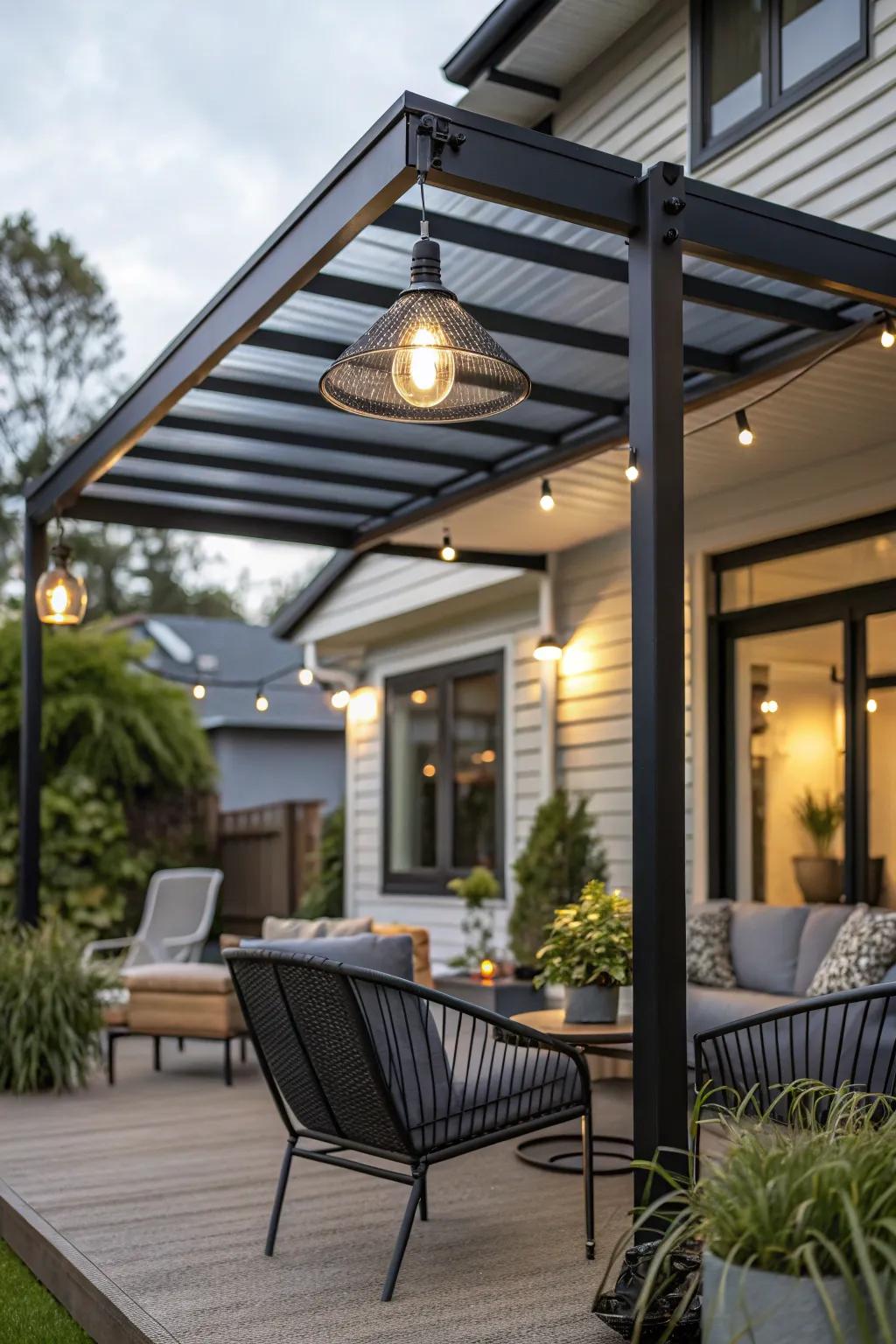 Invigorate your patio utilizing a revitalized metallic awning, offering a refined, contemporary aesthetic.