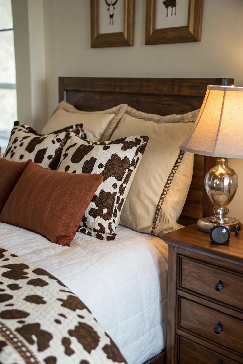 Wild animal pattern pillows provide a fashionable highlight to any bedroom environment.