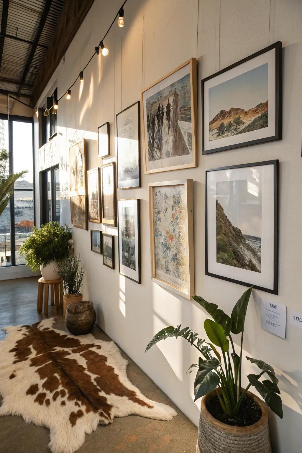 A gallery wall integrating cowhide elements with framed artwork for enhanced textural depth.