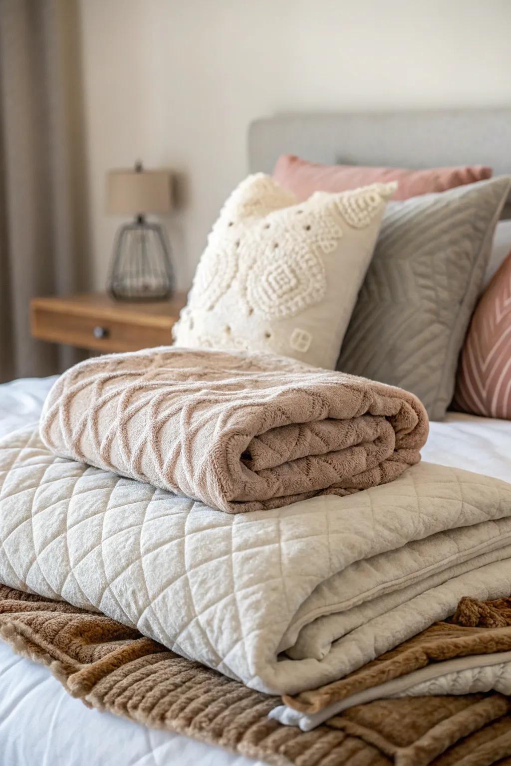 Layered textures introduce comfort and warmth, turning your bed into an ideal cozy escape.