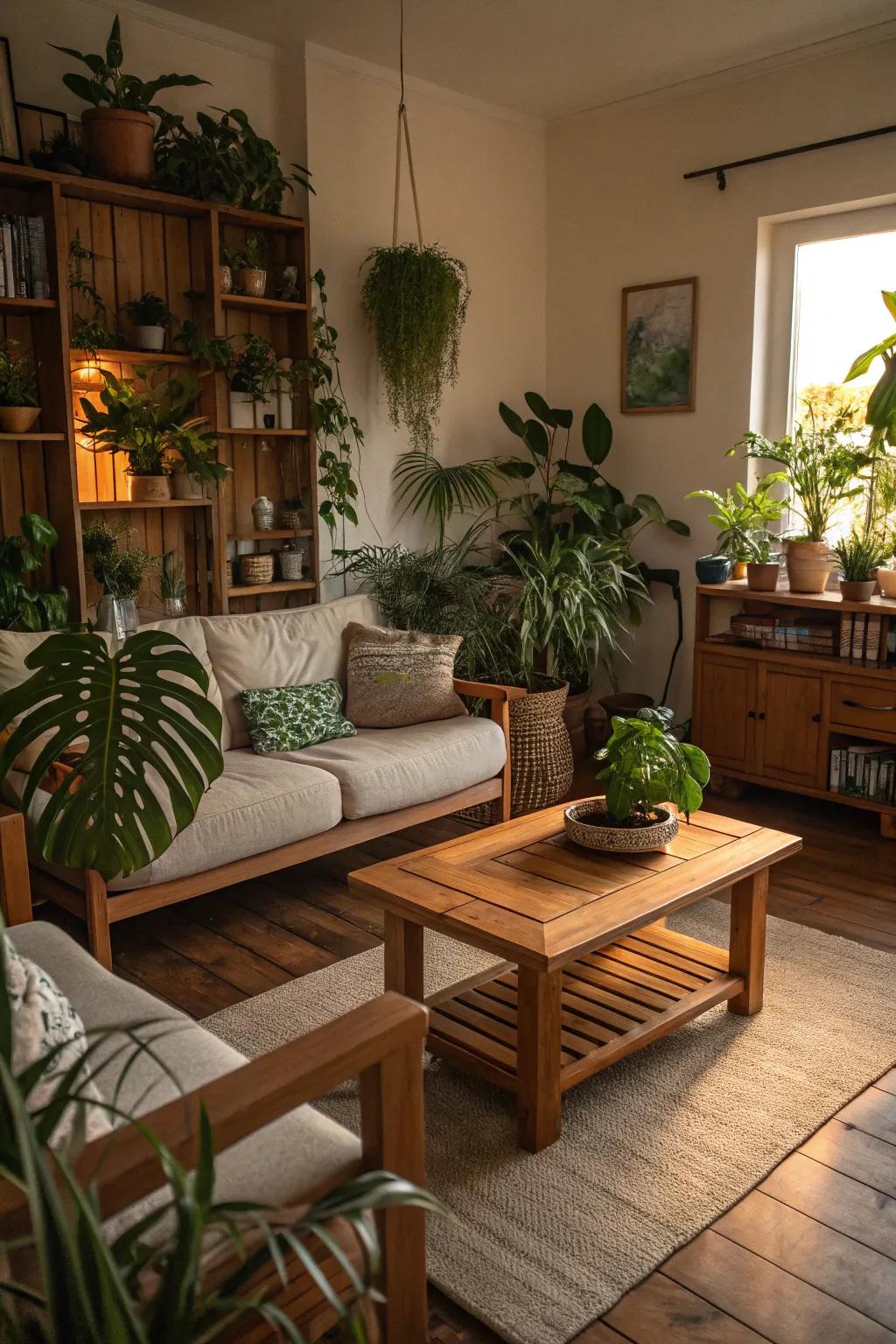 Natural touches such as houseplants and wooden furniture enhance the warmth and freshness of a room.