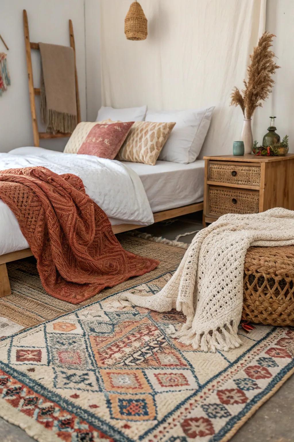 Multiple fabric layers imbue warmth and dimension into small bedroom environments.