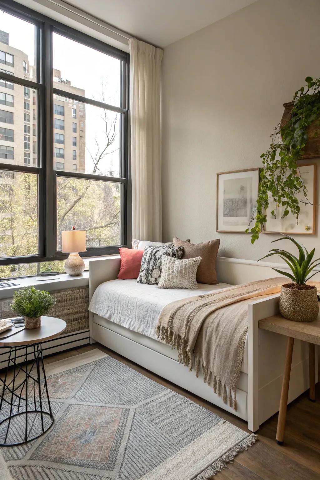 A daybed that offers more than one function in a compact living space.